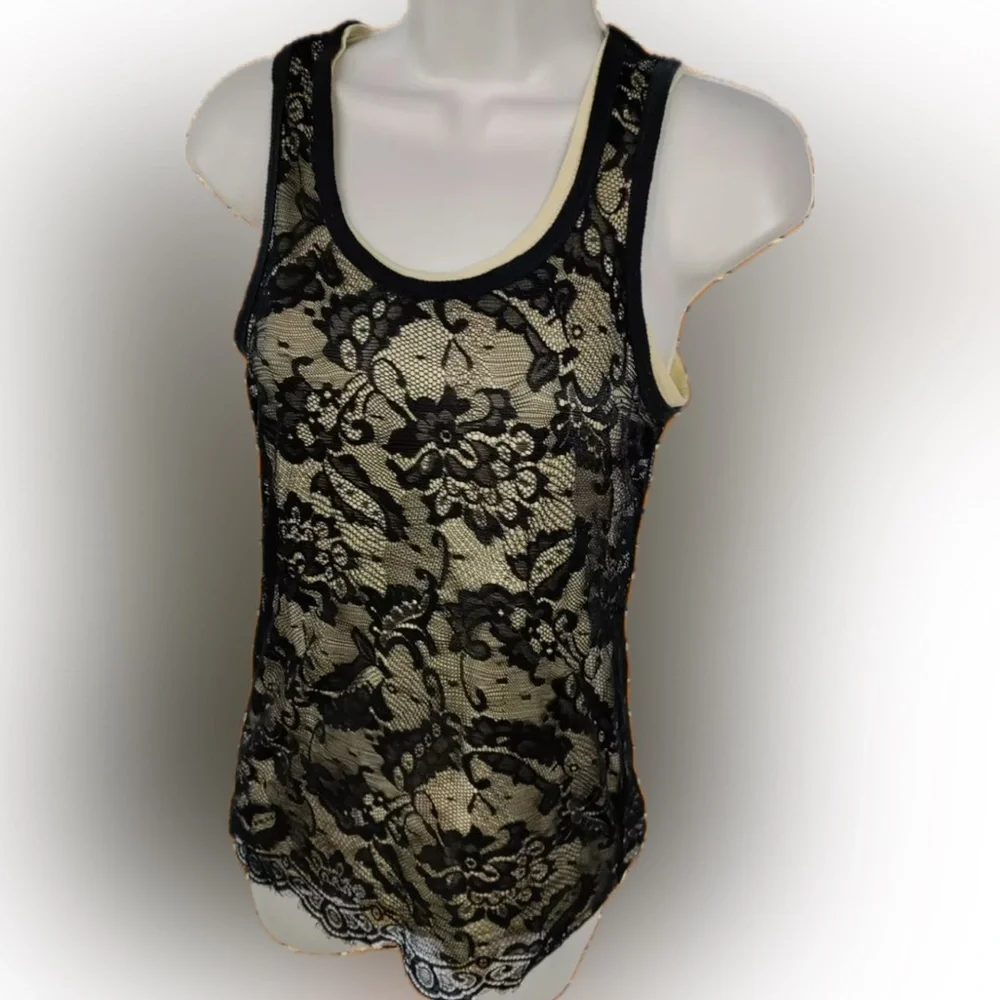 MICHAEL KORS XL BLACK LACE OVERLAY SLEEVELESS VEST TANK T-SHIRT TOP - EUC